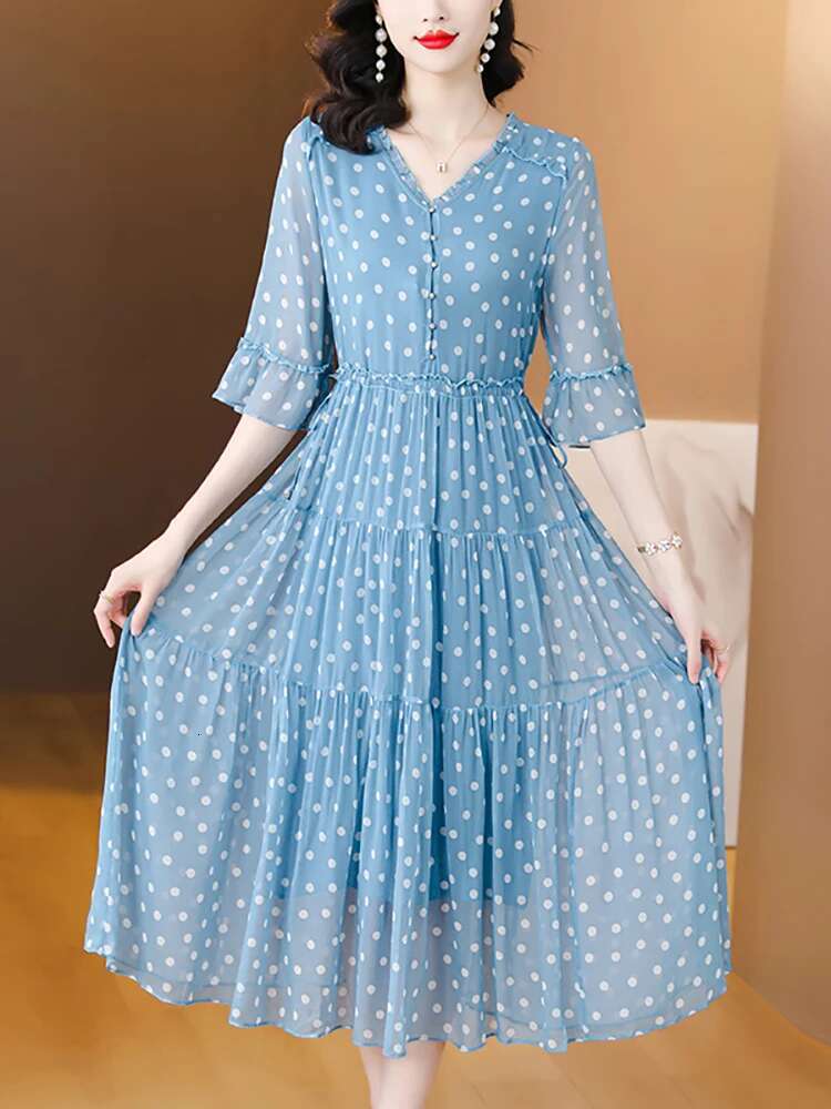 Blue Elegant Ploka Dot Flare Sleeve Ruffled Women Fashion Bodycon Casual Home Dress 2024 Korean Chic Evening Vestidos