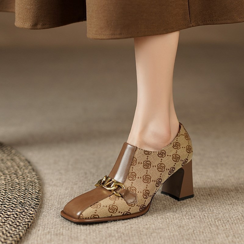 Retro square head chunky heels evening dance shoes women 2025 spring/summer new brown printed high heels outdoor buckle heels