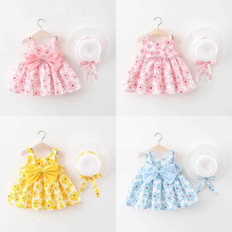 Summer New Floral Beach By Baby Girl Dress Sweet Bow Childrens Clothing With Free Hat(9 Months - 3 Years Old) W250326