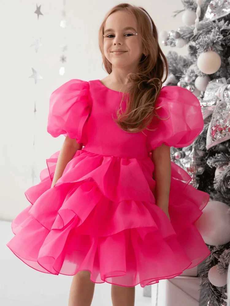 Customized pink floral girl wedding dress for layered knee length bow tie little girl photo birthday party dance dress W250326