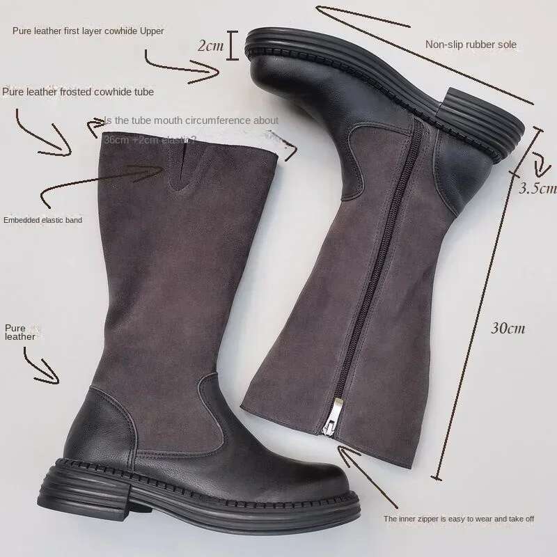 Knee High Knightly Real Genuine Leather Wide Head Women's Boots British Cowhide Fat Zipper Single Autumn Winter Shoes