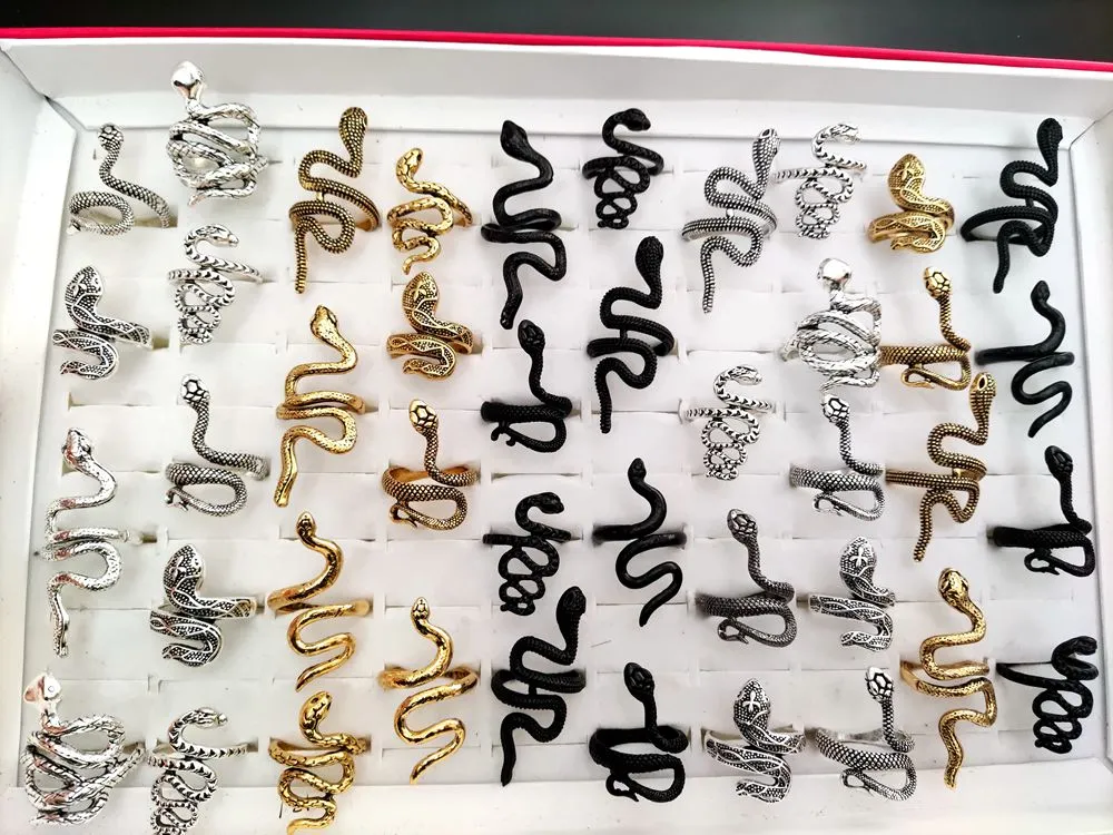 100pcs/lot Exaggerated Antique Punk Style Animal Snake Ring Gold Silver Black Mix Hip Hop Rock Fashion Ring Party Jewelry Unisex LL