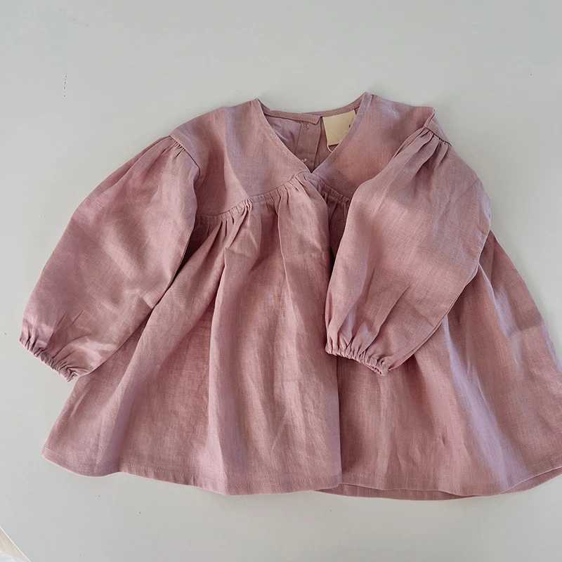 Girl Sweet Bubble Sleeve Linen Dress 2025 Spring New Baby Girl Retro Cotton Linen V-neck Loose Princess Dress Childrens Clothing W250326