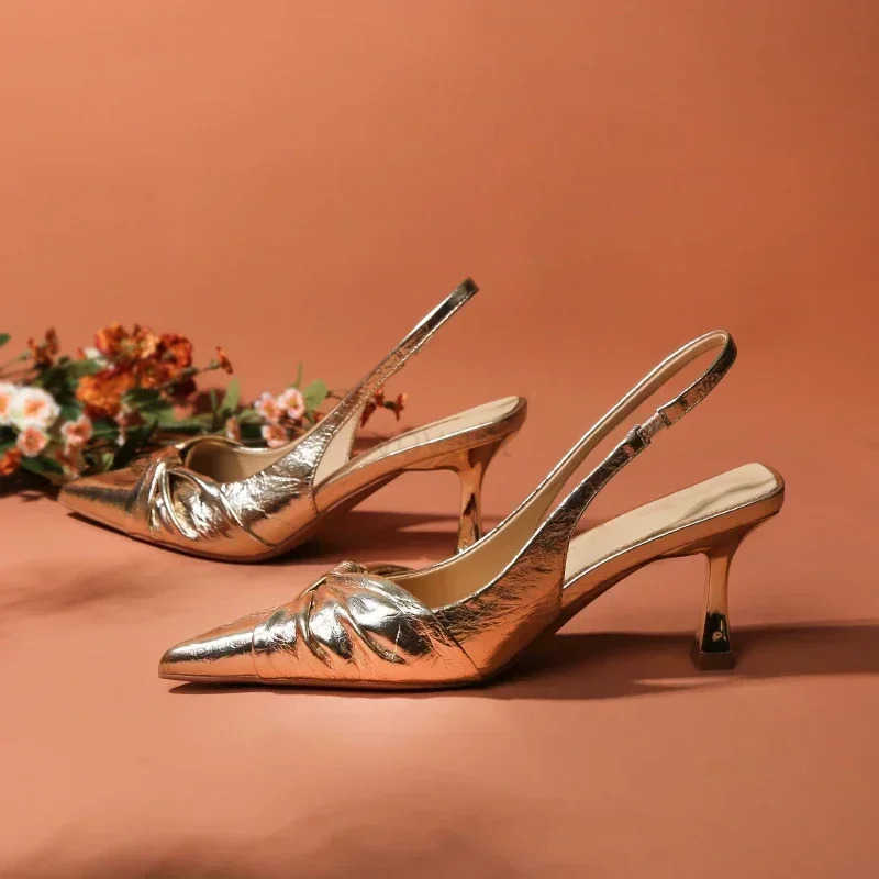 Golden Pleated Sexy Wens Sandals Pointed High Heeled Fashion Banquet Shoes Z250326