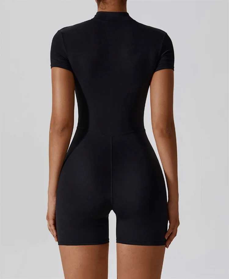New Yoga Set One Piece Womens Nude Yoga Gym Set with Upright Half Zipper Short Sleeve Fitness jumpsuit Tight Black W250326
