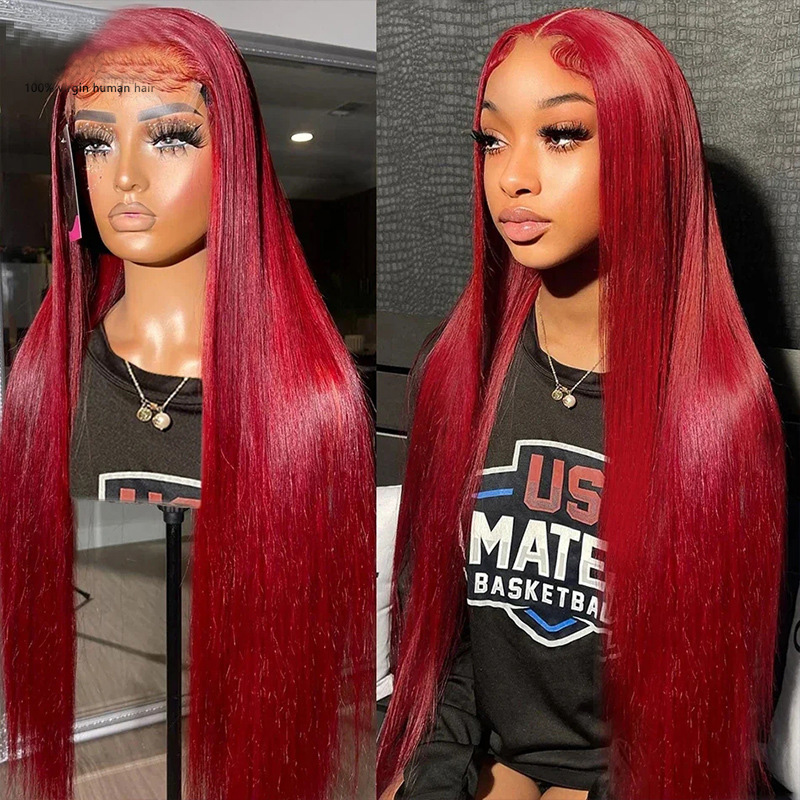 Brazilian 100% Human Hair 99j Bright 13X4 Lace Front Wig 10-34inch 150% 180% Density Silky Straight Free Part