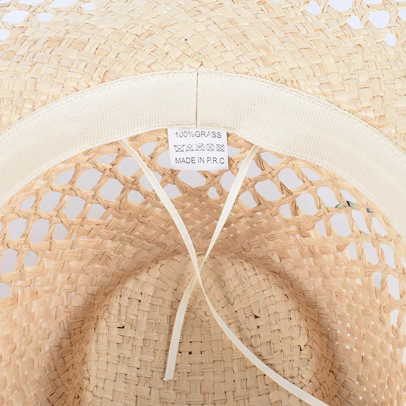100% Raffia Natural Straw Hat Women 2025 Wide Brim Sun Protection Outdoor Summer Beach Cap Sun Hats Panama Jazz Top Cap Travel 250326
