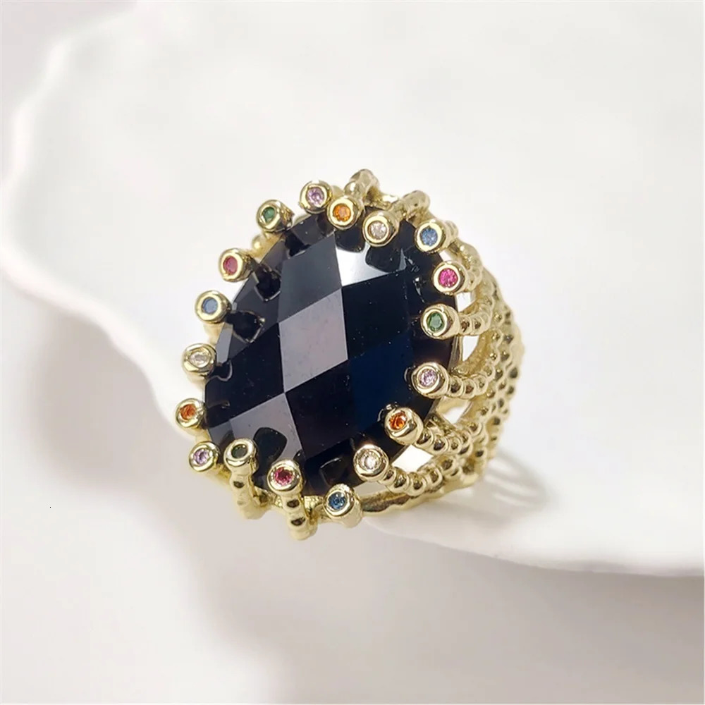 FUWO wholesale 5pcs natural obsidian ring gold/silver plated colored zircon crystal ring suitable for womens jewelry RG057O 250322