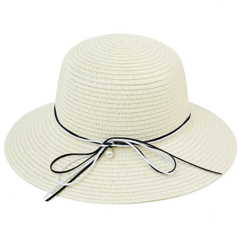 Black and White Rope Pearl Womens Straw Hat Summer Seaside Travel Foldable Shade Womens Straw Hat 250326