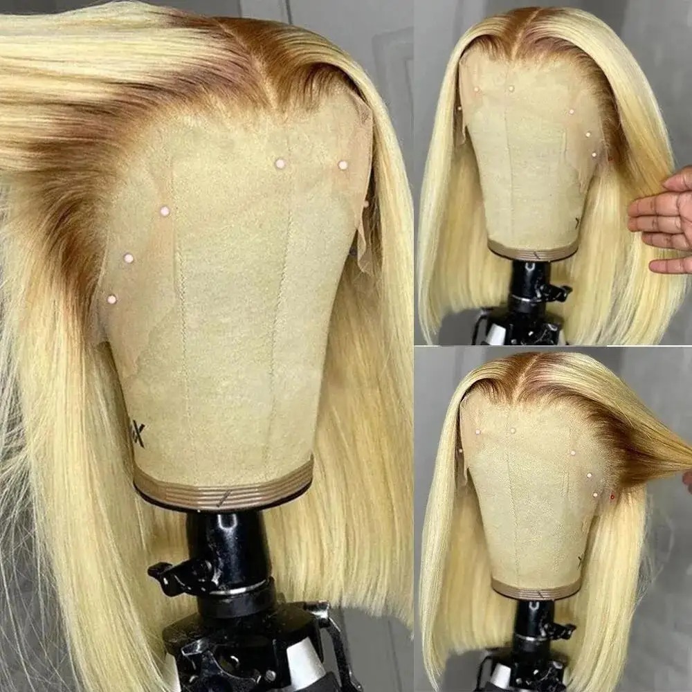 Ombre Blonde Wig Straight Short Bob HD Lace Frontal Wig 13x4 Transparent Lace Front Wig Closure Wig For Women Synthetic Wig
