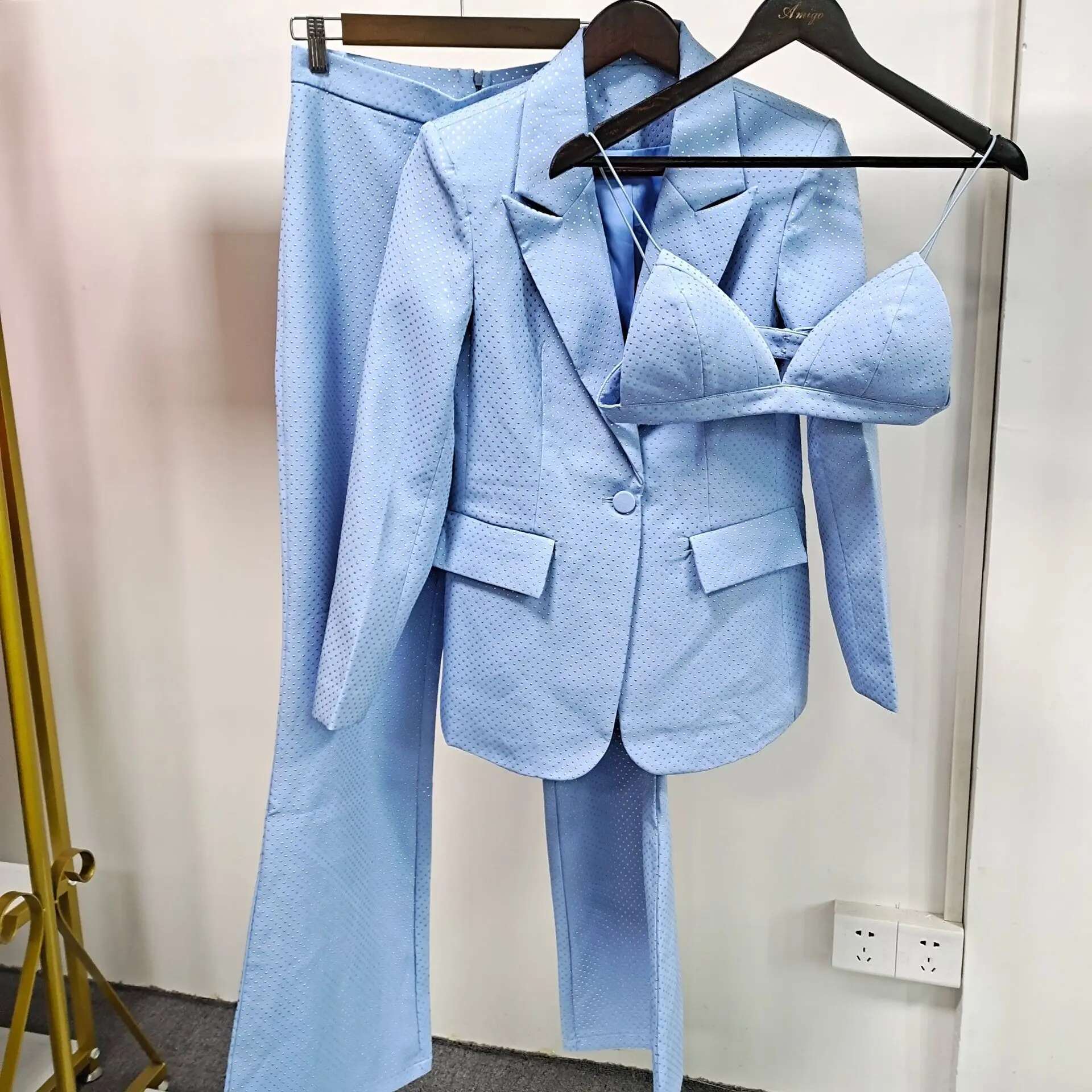 HIGH QUALITY New Fashion 2024 Designer Women's Single Button Dias Beaded Camis Blazer Pants Suit 3pcs Set