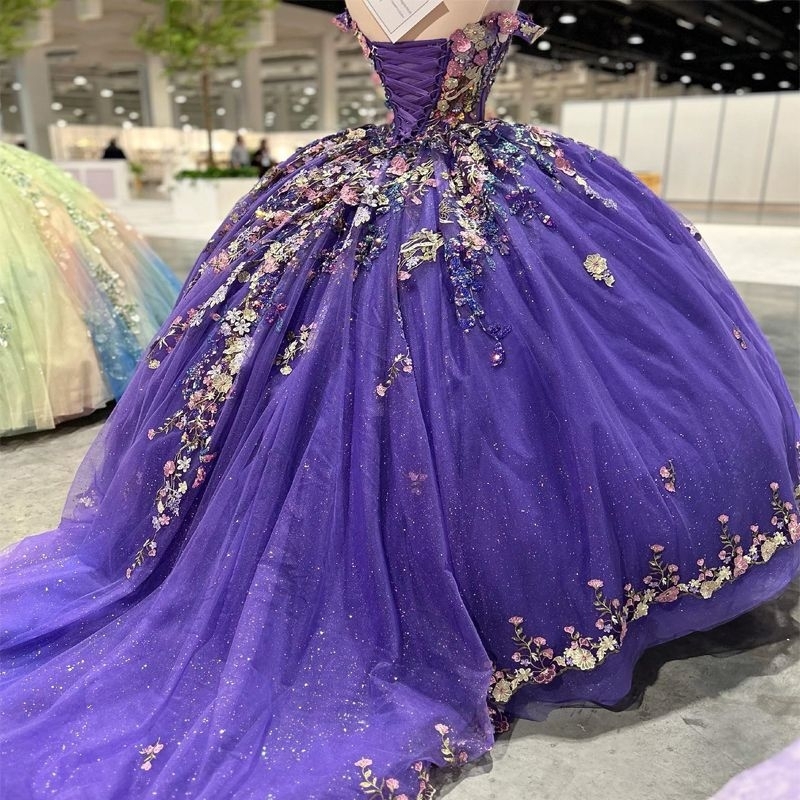 Purple Shiny Quinceanera Dresses Applique Lace Beads Tull Birthday Princess Formal Sweet 16 Ball Gowns Vestidos XV 15 De Anos