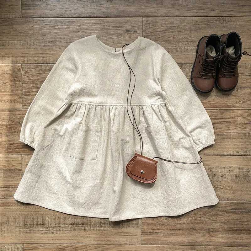 Solid color cotton linen dress for girls 2024 autumn chic button princess dress retro round neck long sleeved A-line dress W250326