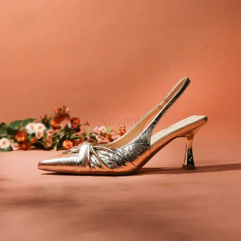 Golden Pleated Sexy Wens Sandals Pointed High Heeled Fashion Banquet Shoes Z250326