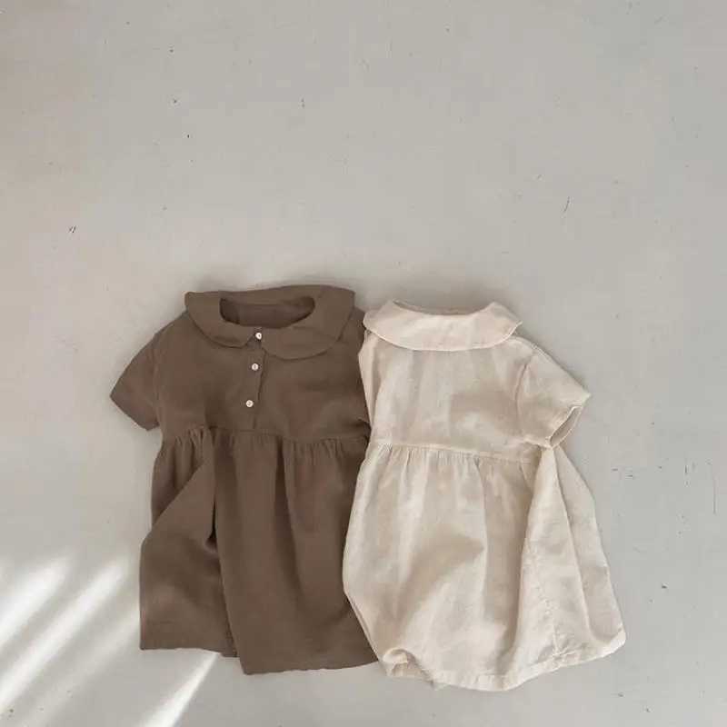 2025 Summer New Girls Long Sleeve Collar Dress Childrens Cotton Linen Casual Dress Fashion Girl Princess Dress Childrens Clothing W250326