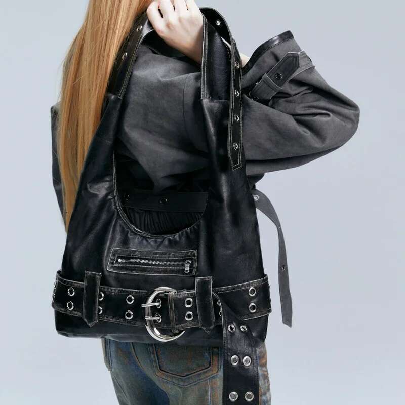 Designer Belt Buckle Women Handbag PU Rivet Multiple Pockets Y2k Large Capacity Shoulder Bags Big Vintage Shopper Totes