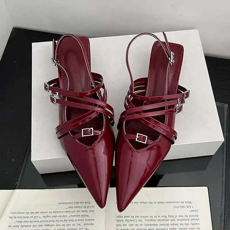 Red Fem Pointed Toe Footwear Sexy Par Ladies Heeled Sandals Shoes Fashion Buckle Strap Wen Low Heel Sandals Shoes Z250326
