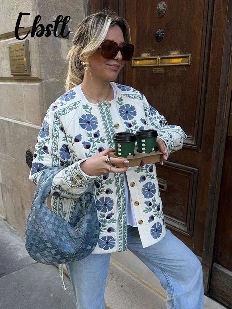 Casual Print Quilted Belt Coats Women O-Neck Single Breasted Long Lantern Sleeve Jackets 2024 Autumn Winter Female New Outwear