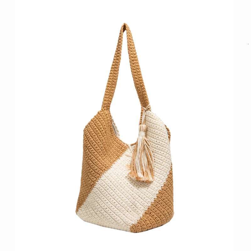 Large Capacity Woven For Women's Summer 2025 New Color Blocked Shoulder Bag, Versatile Vacation Beach Bag Paquete