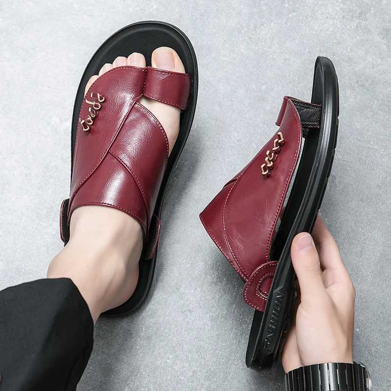 Retro red mens leather slider 2024 comfortable slip sandals mens summer leather flip outdoor sandalsXJ250326
