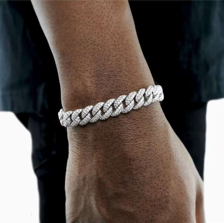 Stocks 13mm Iced Out Chain Moissanite Chain 2 Rows Hip Hop Rock 925 Silver Moissanite Bracelet 18K Gold Plated Cuban Necklace