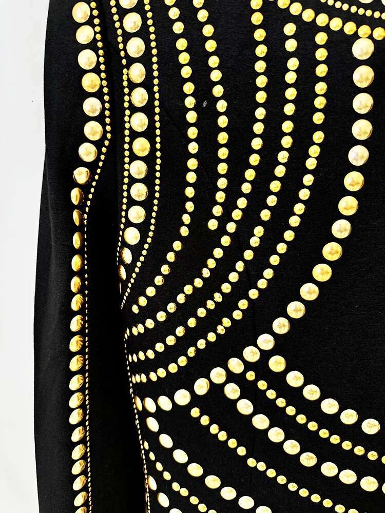 HIGH STREET Newest Fashion 2024 Designer Women's Long Sleeve Metal Beaded Stretchy Dress