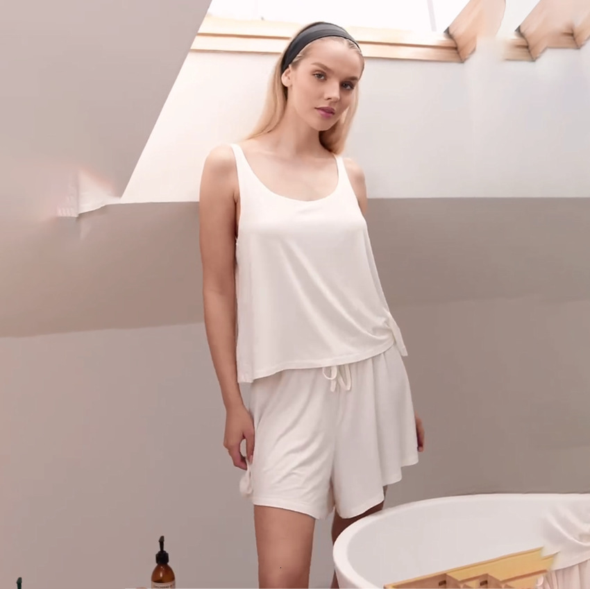 2025 Spring/Summer Women's Home Clothes White Breathable Knitted Cool Sleeveless Tank Top Shorts Pajama Set