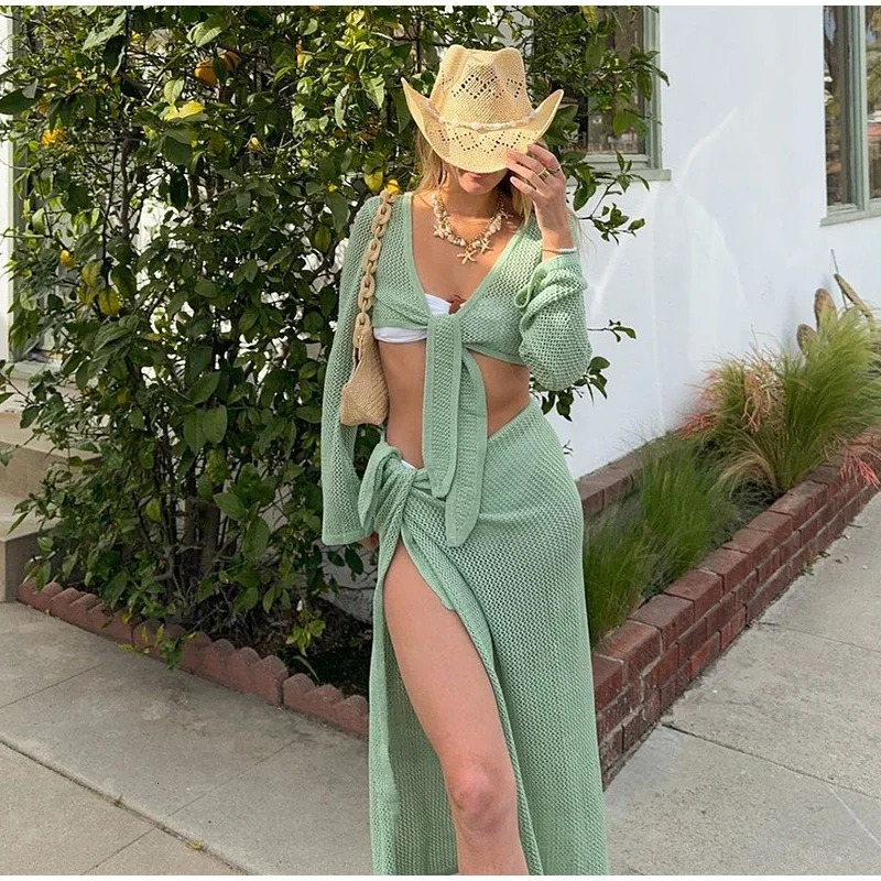 Sexy Knit Hollow Out Crop Vest Skirt Sets Women V-neck Long Sleeve Lace Up Vests Split Long Skirts Lady Beach Outfit 250324