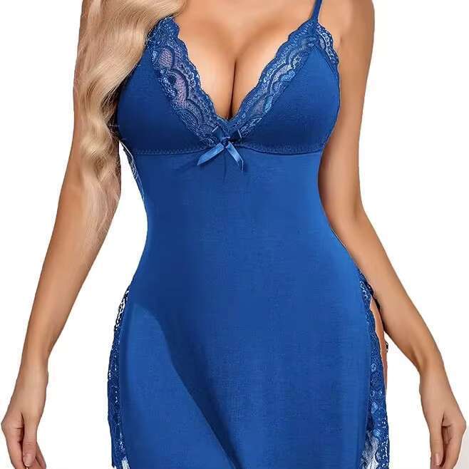 Wholesale Large Size Romantic Deep V Lace Pamas Sexy Satin Nightdress Soft Autumn Sleepwear Gerie