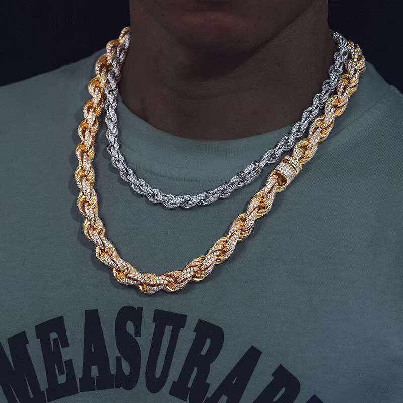 Pass Diamond Tester 8mm-14mm Full VVS Moissanite Iced Out Rope Chain 925 Sterling Silver Men Hip Hop Jewelry Twisted Necklace
