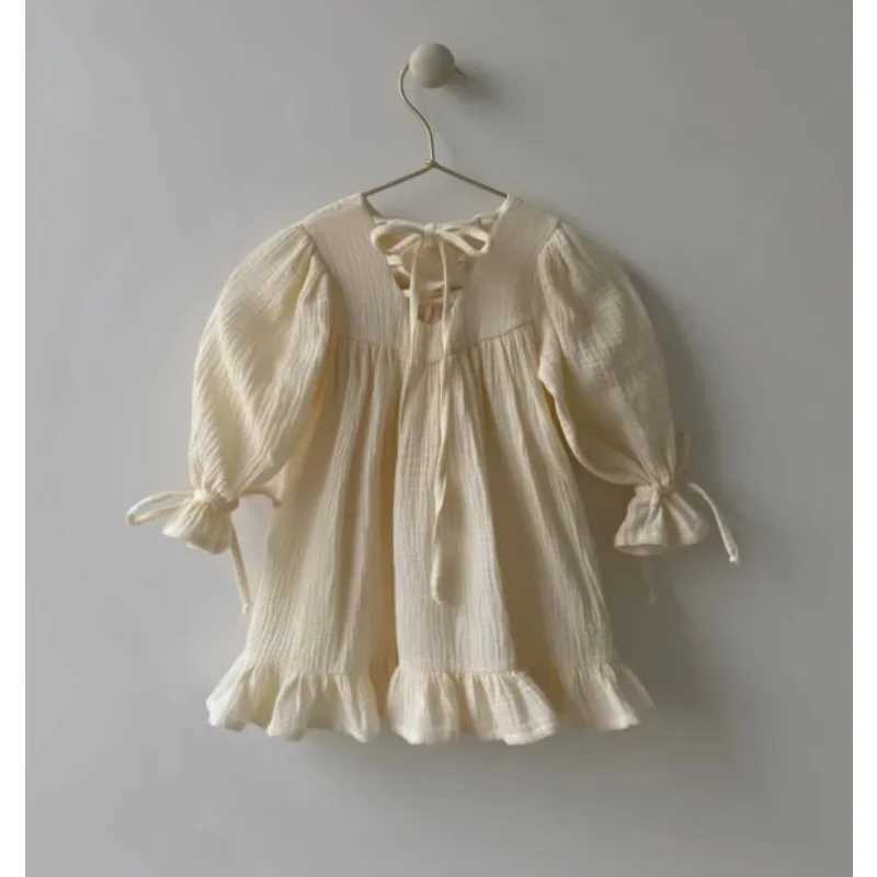 Girls solid color dress 2023 spring/summer cotton linen lace UK sled temperature casual simple A-line dress W250326