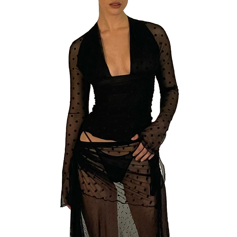 2025S Fashion Designer Q TP Women S Autumn And Winter Deep V Neck Up Backless Polka Dot Lace See Through Patchwork Top T Shirt