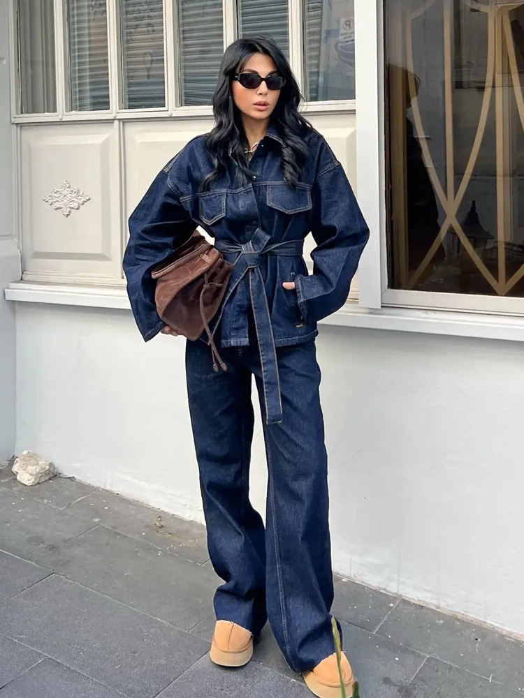 RARA 2025 Women's Long Sleeve Denim Belted Jacket Paired with Matching Wide Leg Pants Fashion Set for Stylish Look 250325