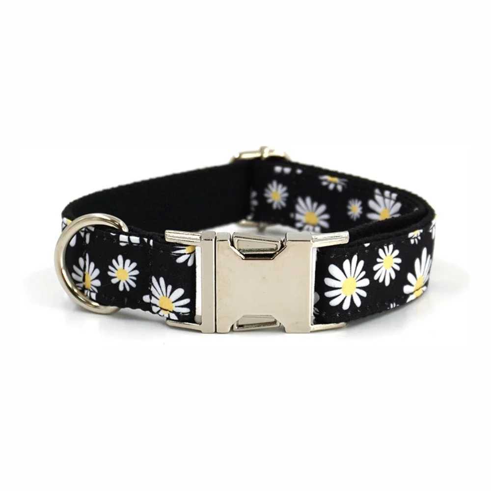 Personalized pet collar customized puppy name tag adjustable buckle strong black chrysanthemum basic collar lead strap X250326