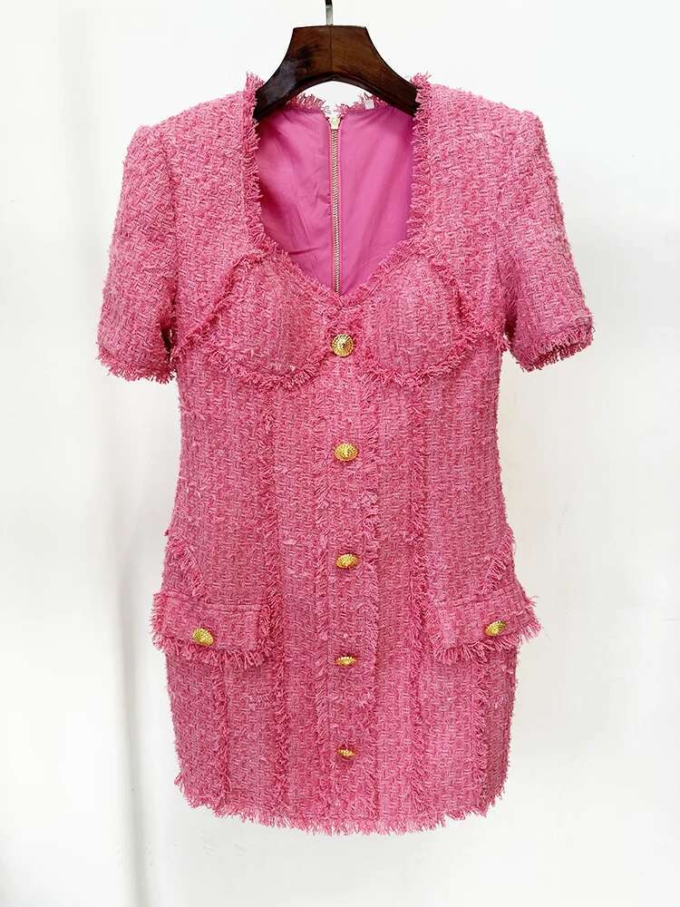 HIGH STREET Newest 2024 FW Designer Fashion Women's Short Sleeve Square Collar Lion Buttons Fringed Tweed Dress
