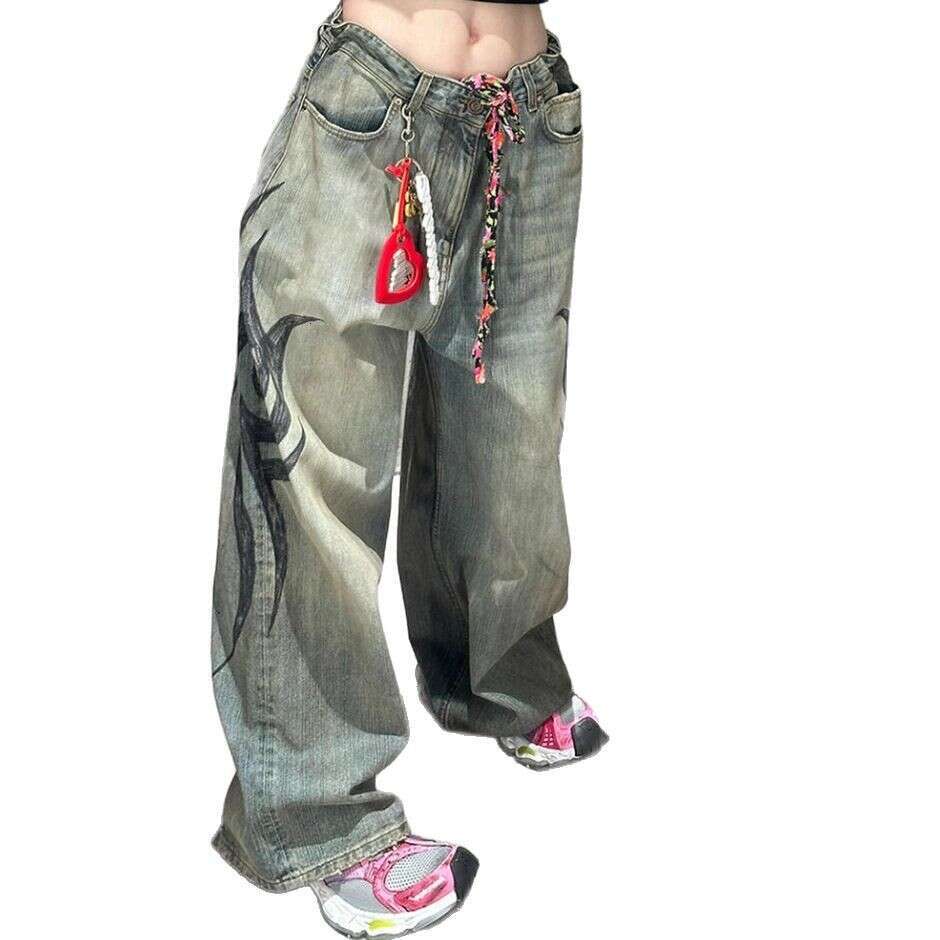 Trendy Printed Jeans, Women's High Street Spicy Girl Design Sense, Wide Leg Pants, Versatile Casual Floor Pants