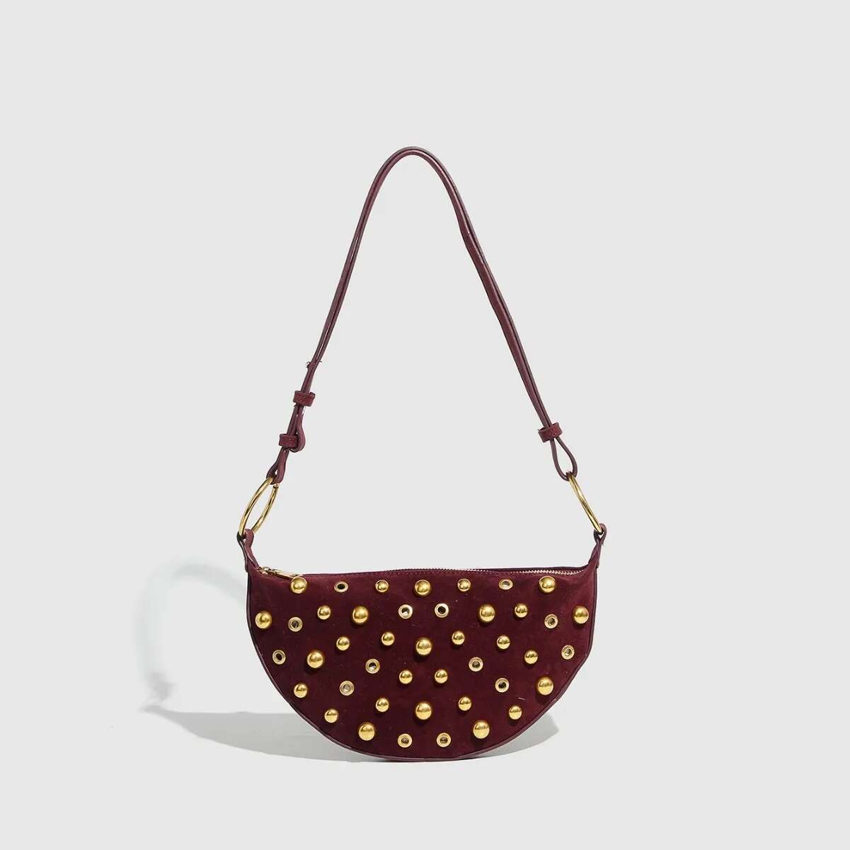 Vintage Rivets Holes Casual Woven Shoulder Women Tote Shopping Bag Female Handbag Half Moon Hobos