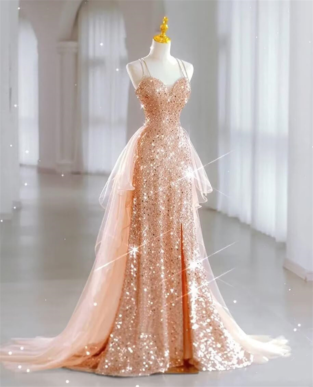 Long Prom Dresses Elegant Tulle Sequined Tiered Criss Cross Straps A-Line Lace-up Plus Size Formal Occasion Evening Party Gown Pd04