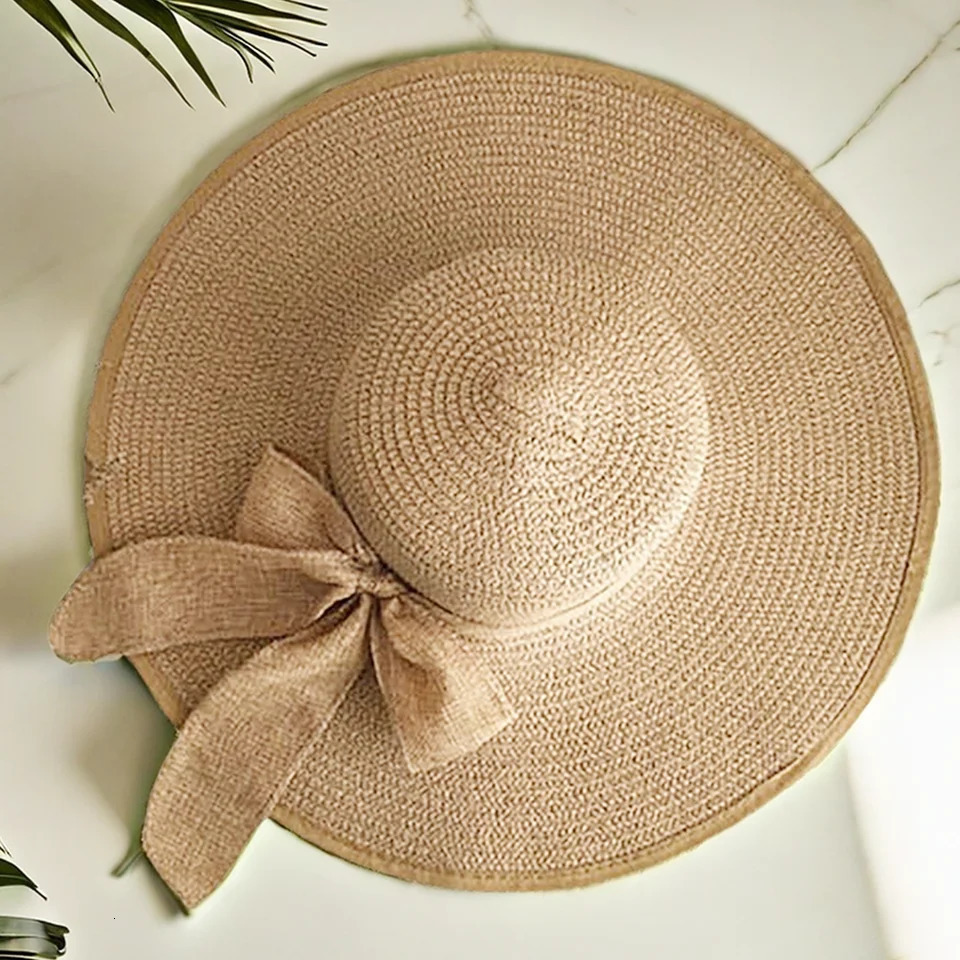 Summer Beach Vacation Big Hat Brim Beach Sunscreen Hat For Women Fashionable and Versatile Bow Ribbon Straw Hat 250326