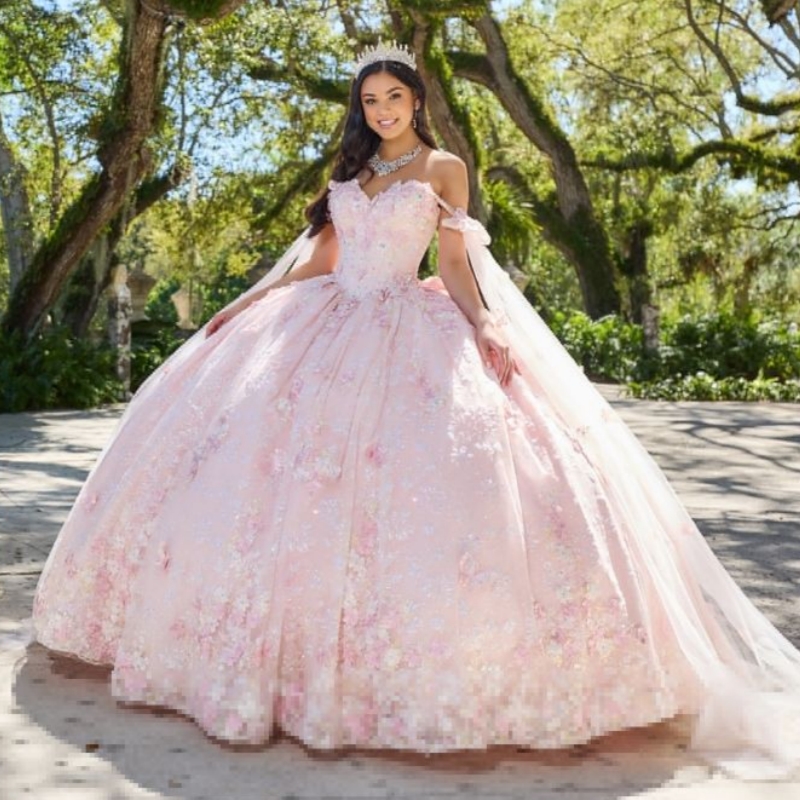 Pink Shiny Quinceanera Dresses Sequin Appliques Flowers With Cape Court Train Floor Length Birthday Party Prom Vestidos De 15 Anos Sweet 16 Dress