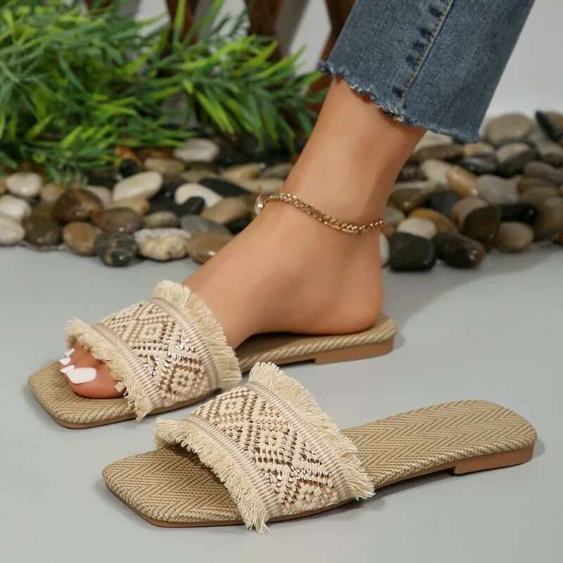 Women Summer Straw Woven Casual Outdoor Espadrille Flip-ps Fashion Flat Ladies Sandals and Slippers Large Size 43