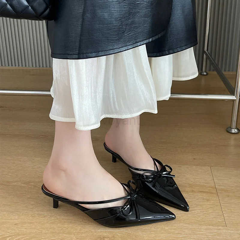 Low Heel Footwear Pumps Slides Shoes For Wen Mes Pointed Toe Ladies Heel Shoes 2025 Fashion -Knot Fem Slippers Z250326