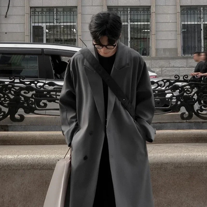 Autumn Coats loose mid length knee thin windproof machine handsome shoulder pad set mens trench coat jacket 250324