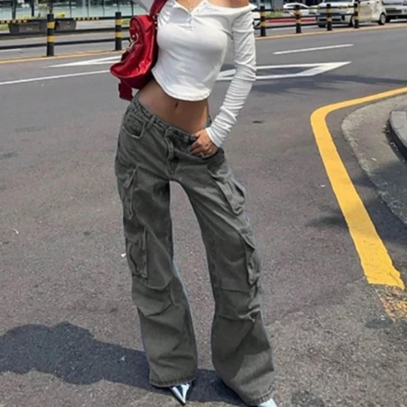 European and American retro style womens jeans loose fit slim fit high waist slimming straight leg pants work pants pocket pants 250321