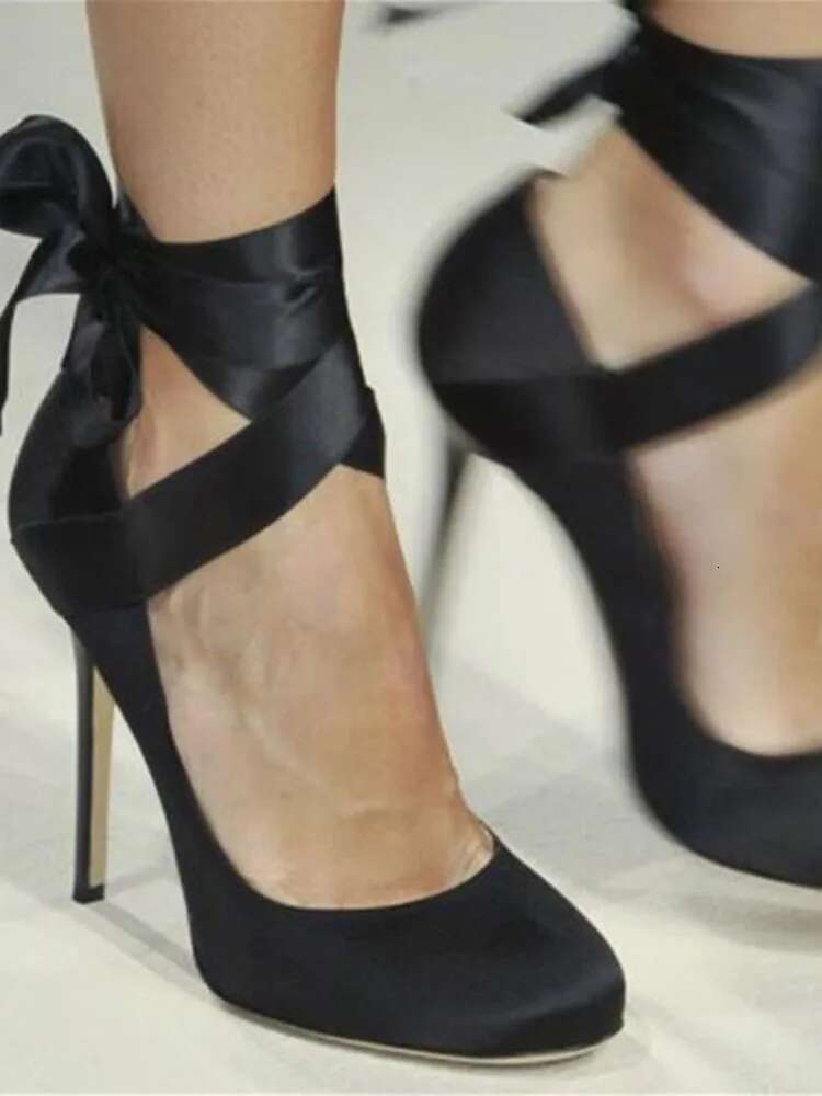 Ronticool Handmade Pumps Sexy Ribbon Ankle Strap Stiletto Heels Round Toe Elegant Black Shoes Women US Plus Size 5-13