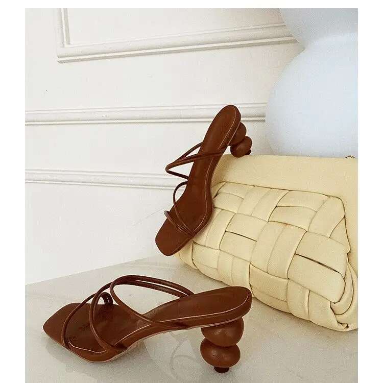 Ball Shape Square Toe Slim Straps Sgback Sandals Hollow Slip-On High Heels Women's Summer Footwear
