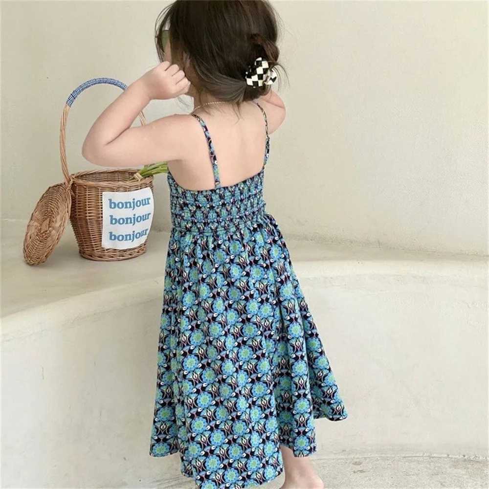 Girls casual dress girls summer new Korean holiday sled blue print suspender princess dress 2-7-year-old baby girls clothing W250326
