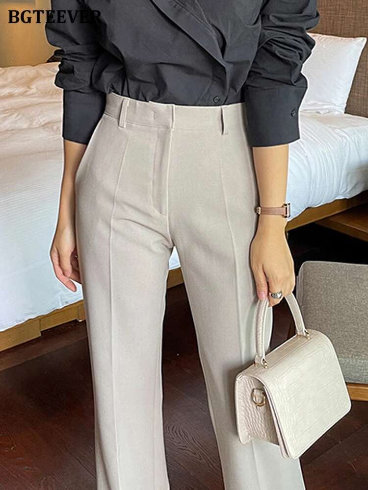 BGTEEVER Elegant High Waist Pockets Wide Leg Suit Pants Women Spring Autumn Loose Solid Straight Trousers Female