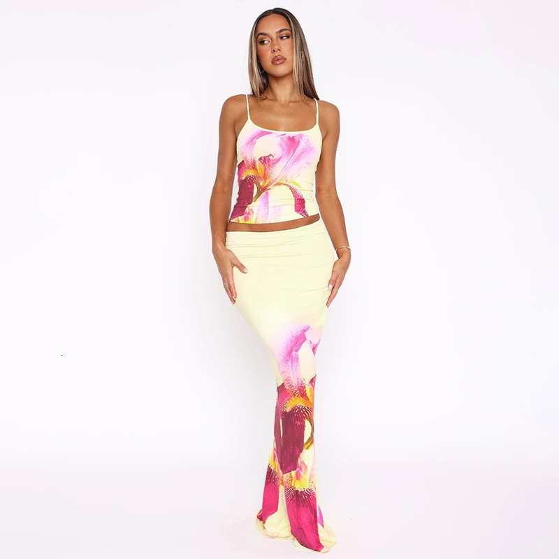 CUTENOVA 2025 Summer Flower Positioning Printed Tank TopUltra Thin Long Leather Two Piece Elegant Temperature Set 250318