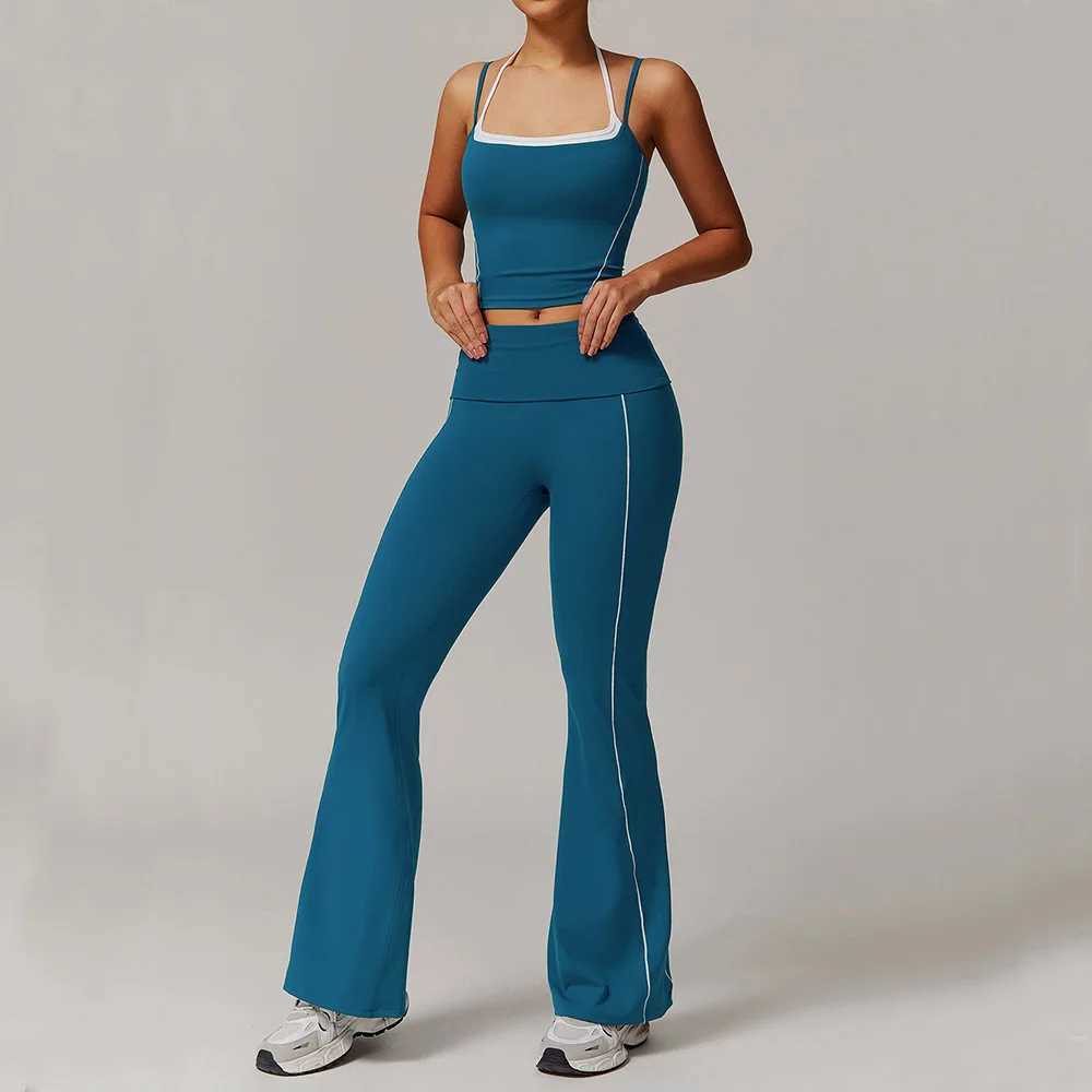2PCS Womens Yoga Set Gym Fitness Training Track Yoga Sportswear Flared Trouser and Thin Shoulder Strap Stretching Sports Bra W250326